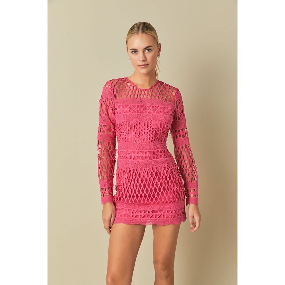 Endless Rose Long Sleeve Crochet Mini Dress in Fuschia Size Medium $170 MSRP